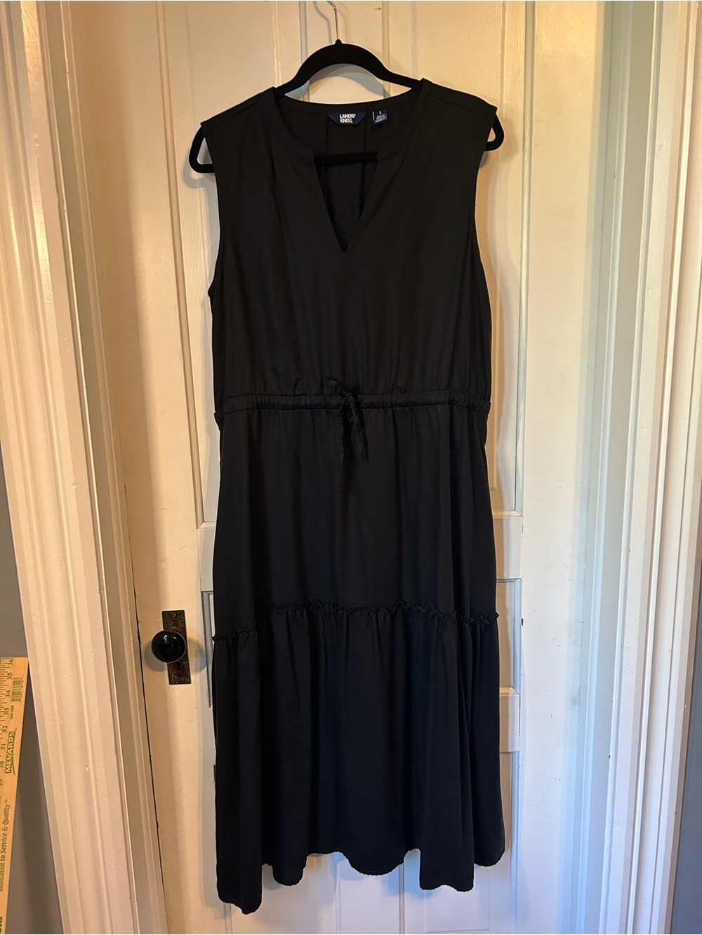 Lands' End Sleeveless Black Midi Dress with Drawstring Waist